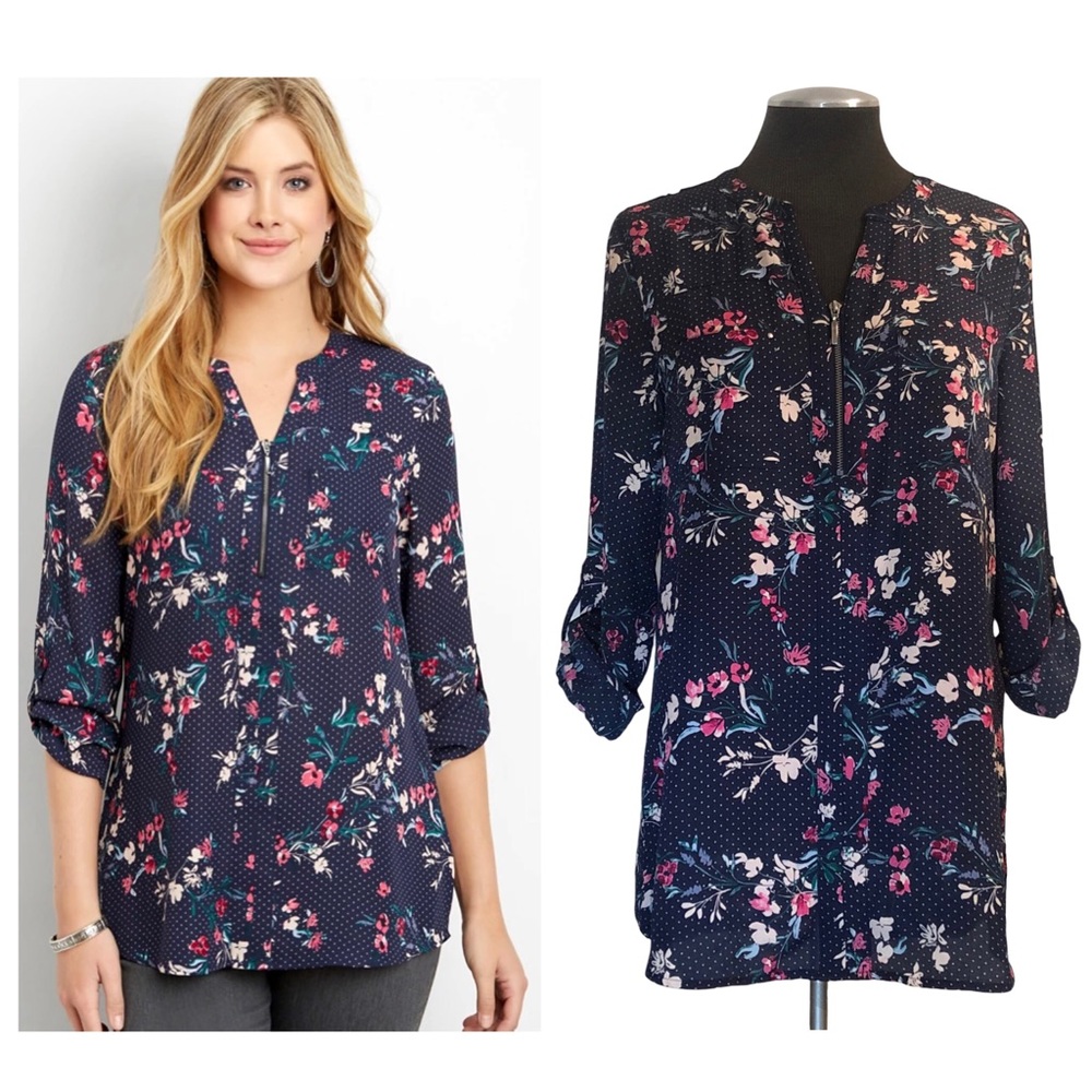 Maurices - Floral And Dot Mixed Print Zip Front Top - Medium